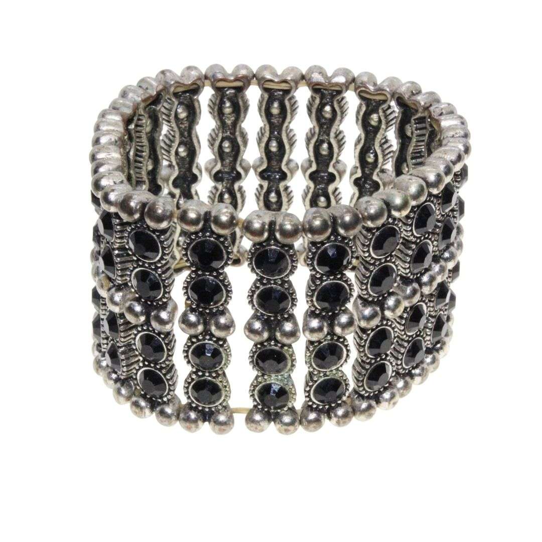 Bracelet - Silver Tone Chunky Wide Expandable Band surrounded with Black Beads - ML3148