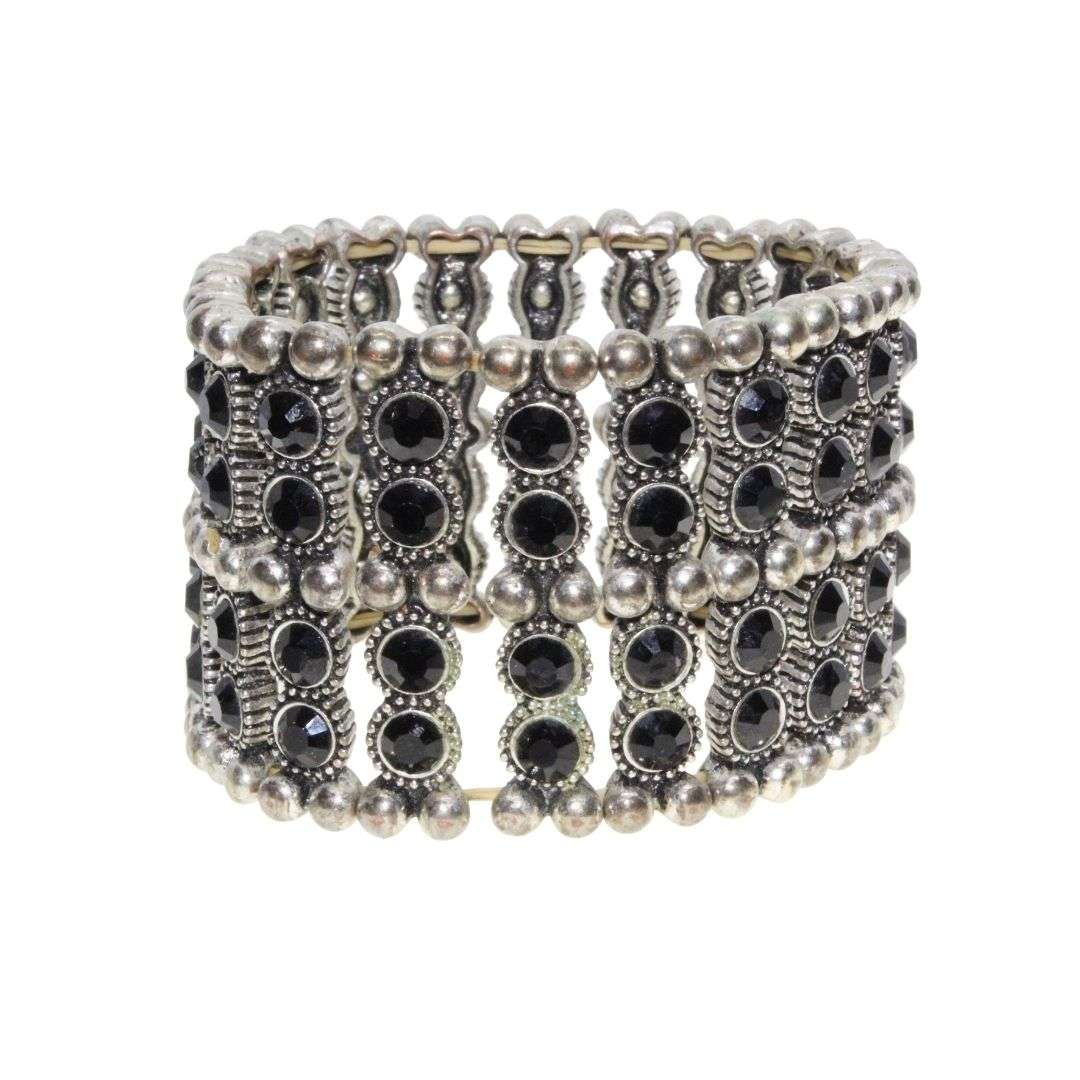 Bracelet - Silver Tone Chunky Wide Expandable Band surrounded with Black Beads - ML3148