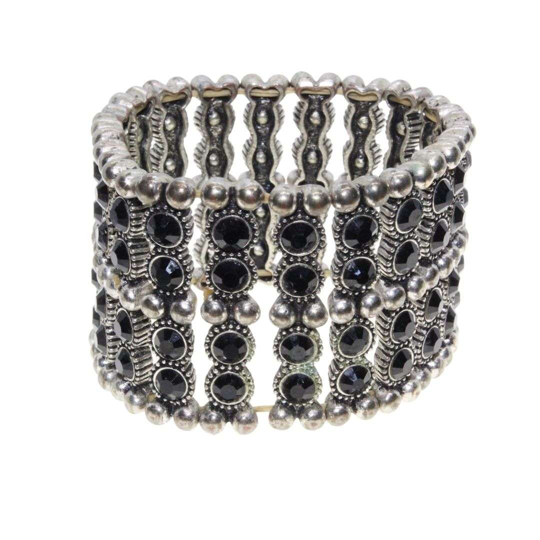 Bracelet - Silver Tone Chunky Wide Expandable Band surrounded with Black Beads - ML3148