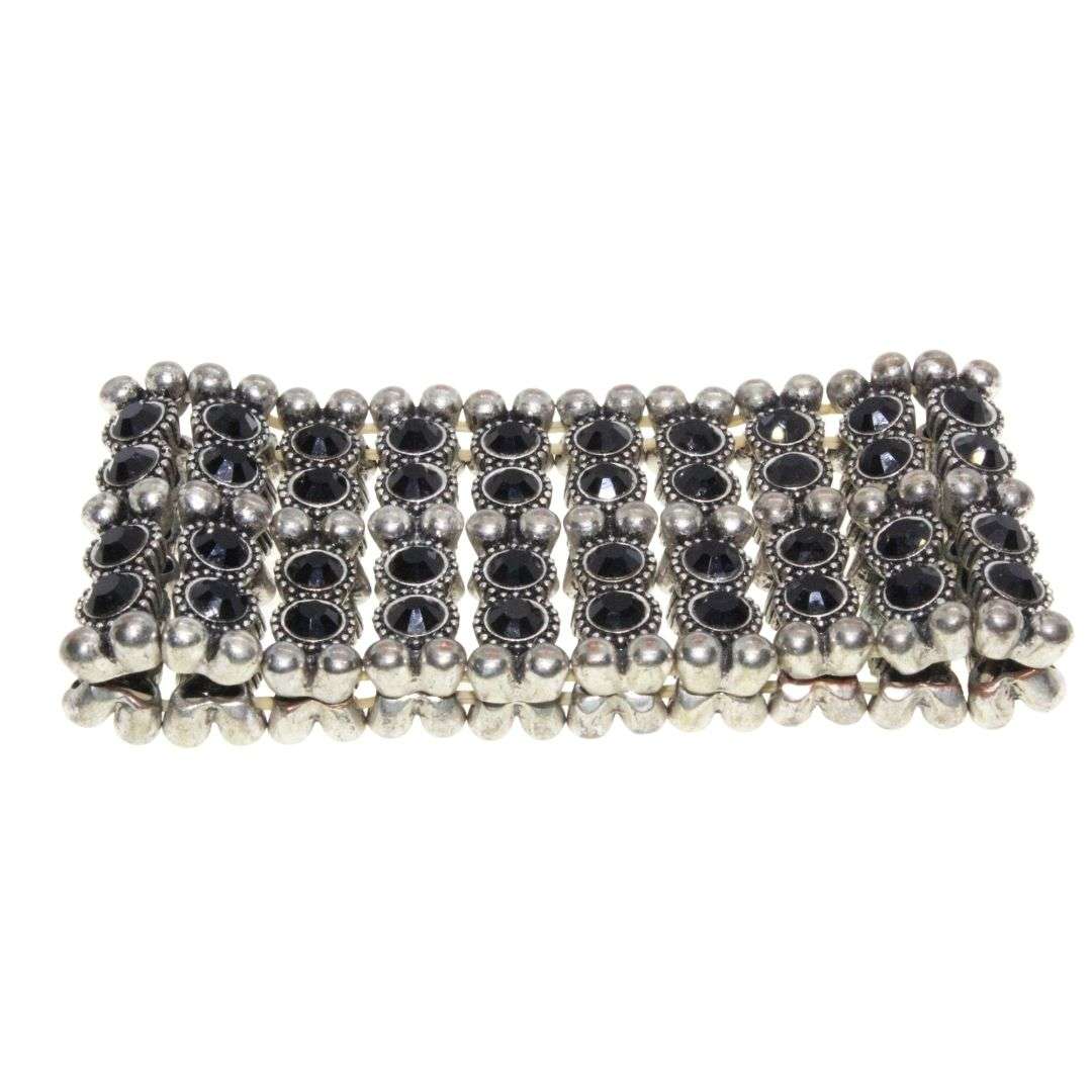 Bracelet - Silver Tone Chunky Wide Expandable Band surrounded with Black Beads - ML3148