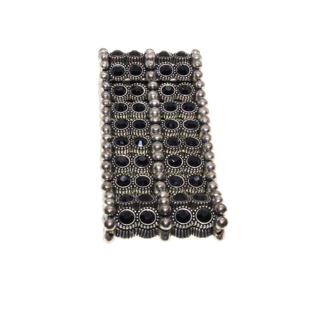 Bracelet - Silver Tone Chunky Wide Expandable Band surrounded with Black Beads - ML3148