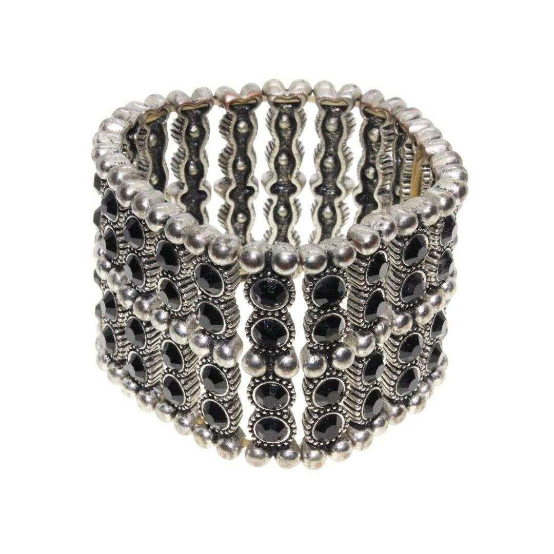 Bracelet - Silver Tone Chunky Wide Expandable Band surrounded with Black Beads - ML3148