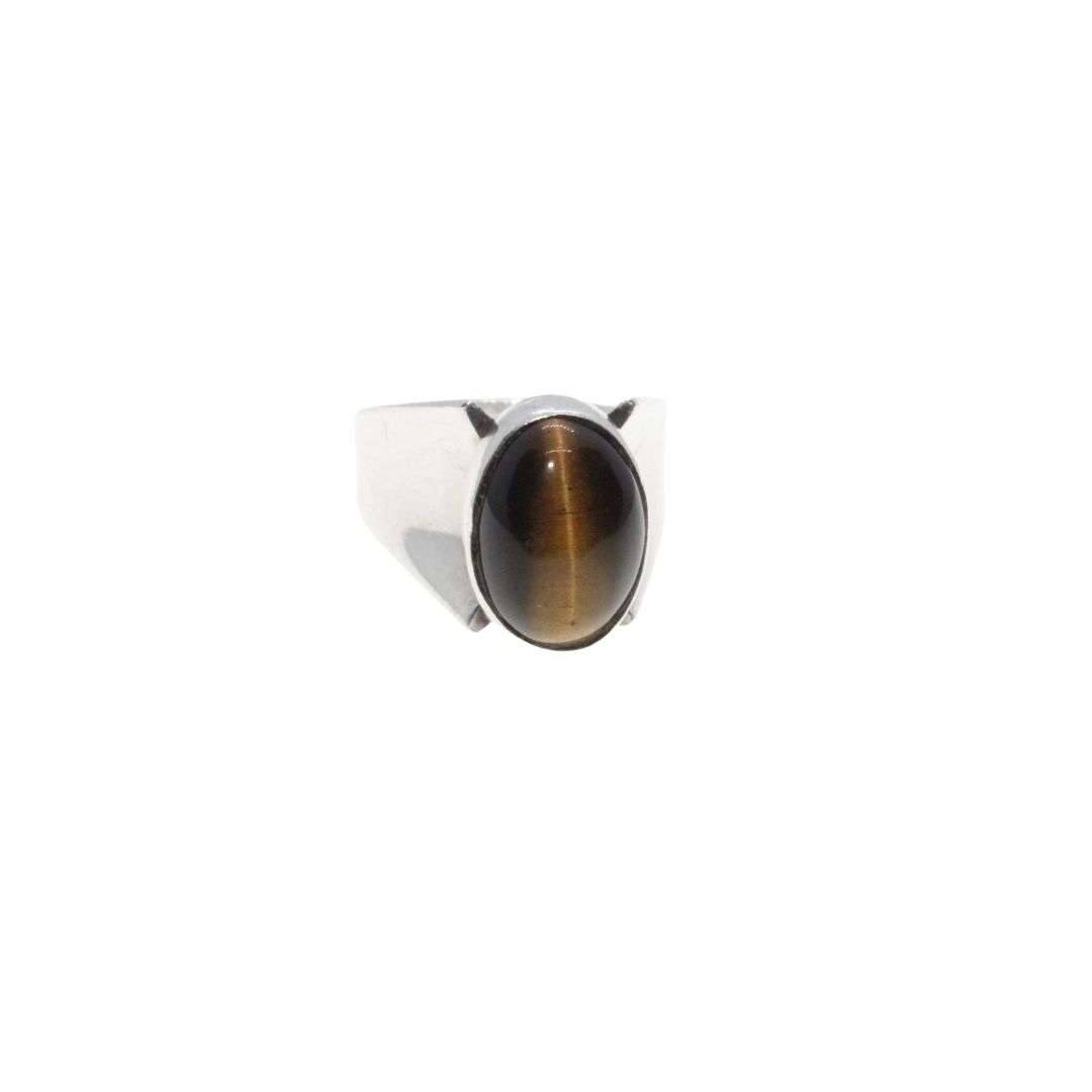 Ring- Vintage. Israel. 925 Silver Designer Ring. Tigers Eye Cabochon Setting. Oval Stone. - ML3459