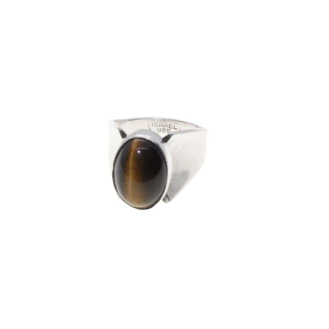Ring- Vintage. Israel. 925 Silver Designer Ring. Tigers Eye Cabochon Setting. Oval Stone. - ML3459