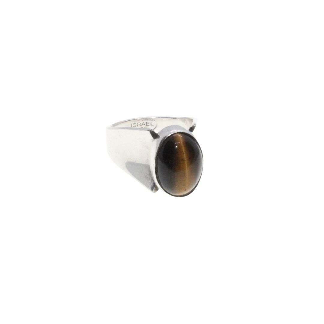Ring- Vintage. Israel. 925 Silver Designer Ring. Tigers Eye Cabochon Setting. Oval Stone. - ML3459