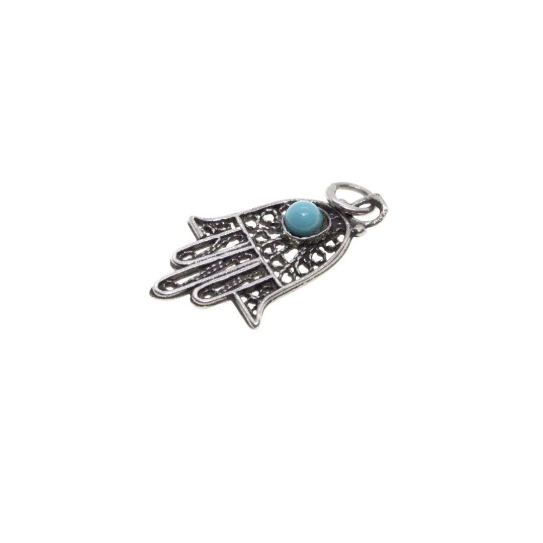 Pendant -  925 Silver Hamsa Filigree with Turquoise Stone in Centre - ML3468