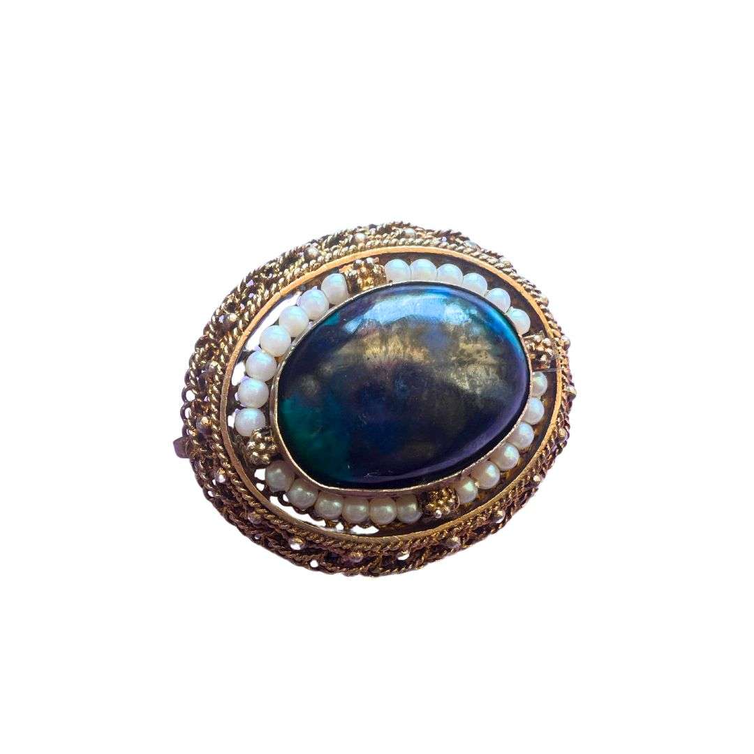 Brooch/Pendant - 935 Silver . Pear Shape Eilat Stone. Filigree Frame. - ML3504