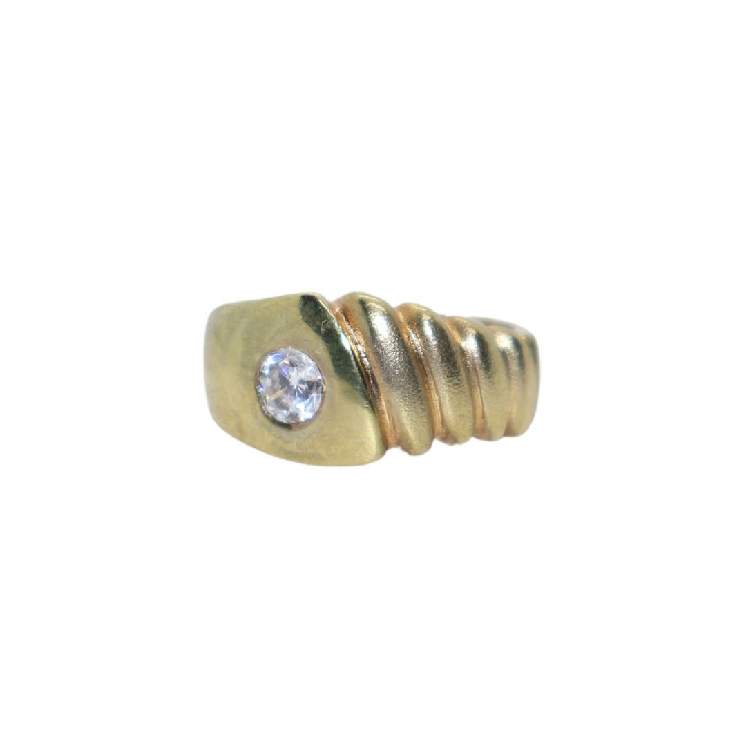 Ring -  Silver Gilt .One side band indented other side plain, Clear stone flush with band - ML3643