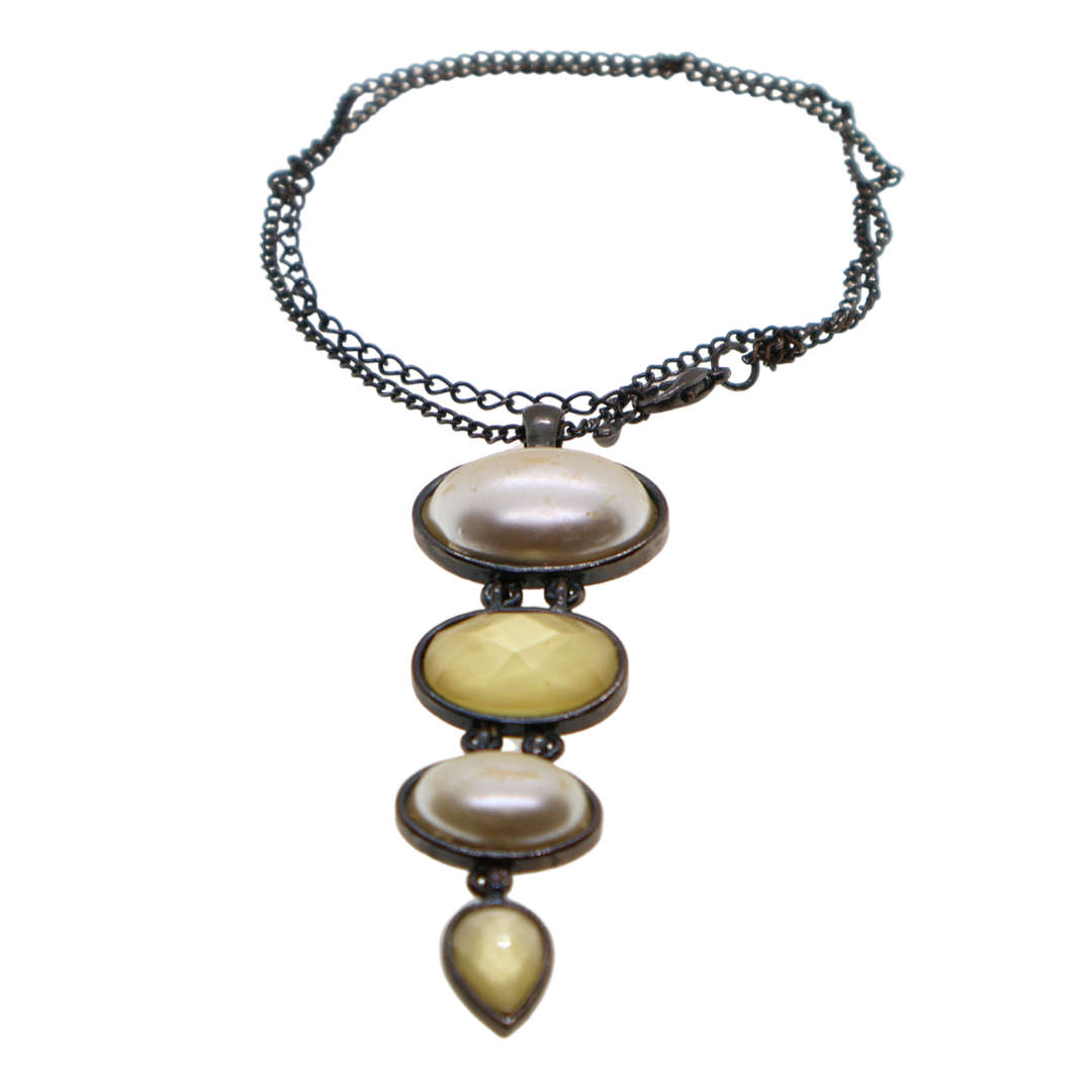 Pendant - Metallic Tone Rustic Chain With 4 x Hanging Oval Stones - ML3696