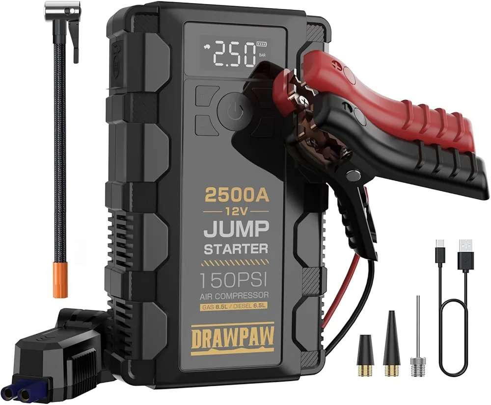 Jump Starter with Air Compressor - 2500A Car Battery Booster Pack - 150PSI Digital Tire Inflator,...