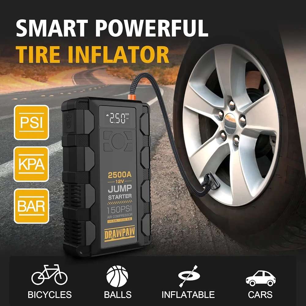 Jump Starter with Air Compressor - 2500A Car Battery Booster Pack - 150PSI Digital Tire Inflator,...