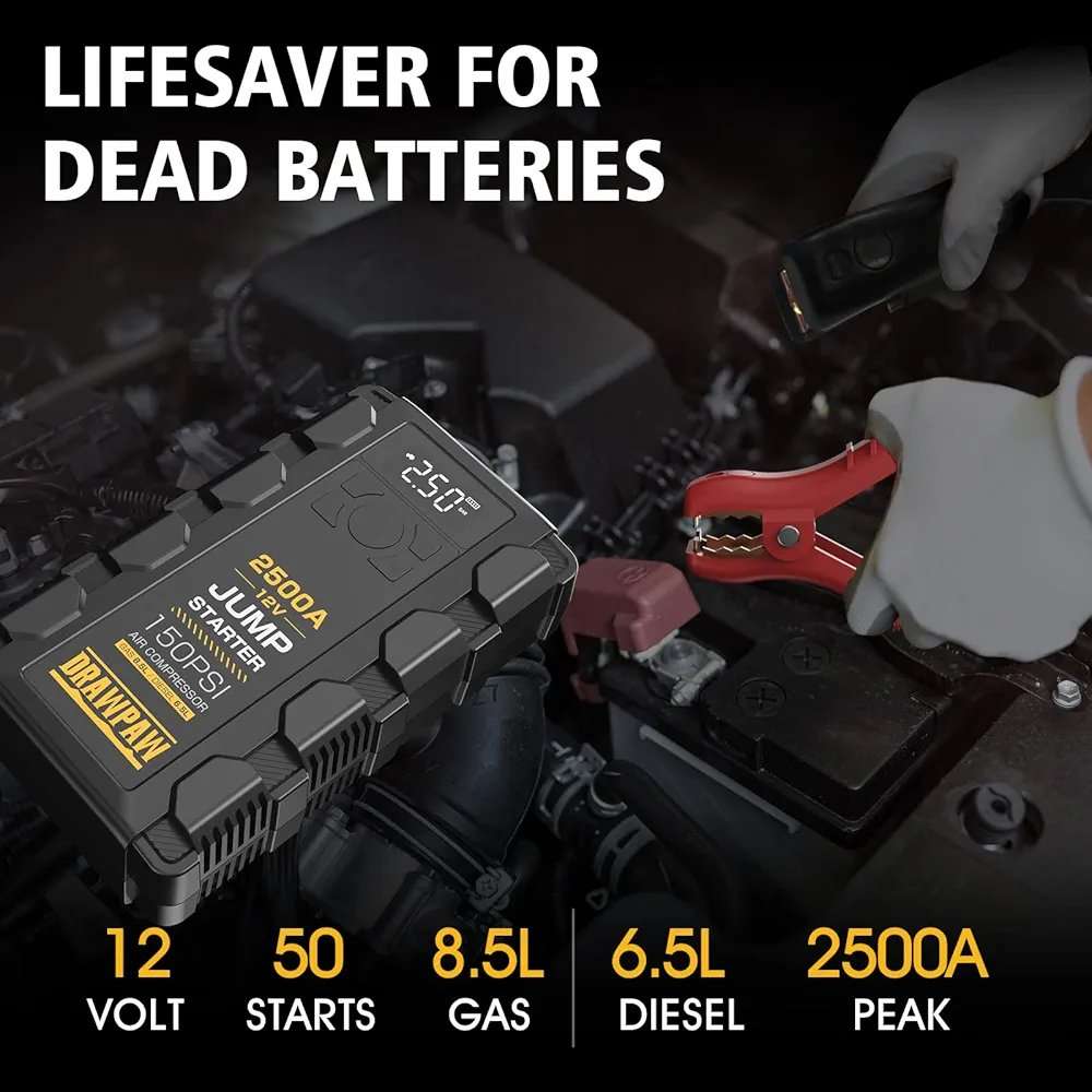 Jump Starter with Air Compressor - 2500A Car Battery Booster Pack - 150PSI Digital Tire Inflator,...