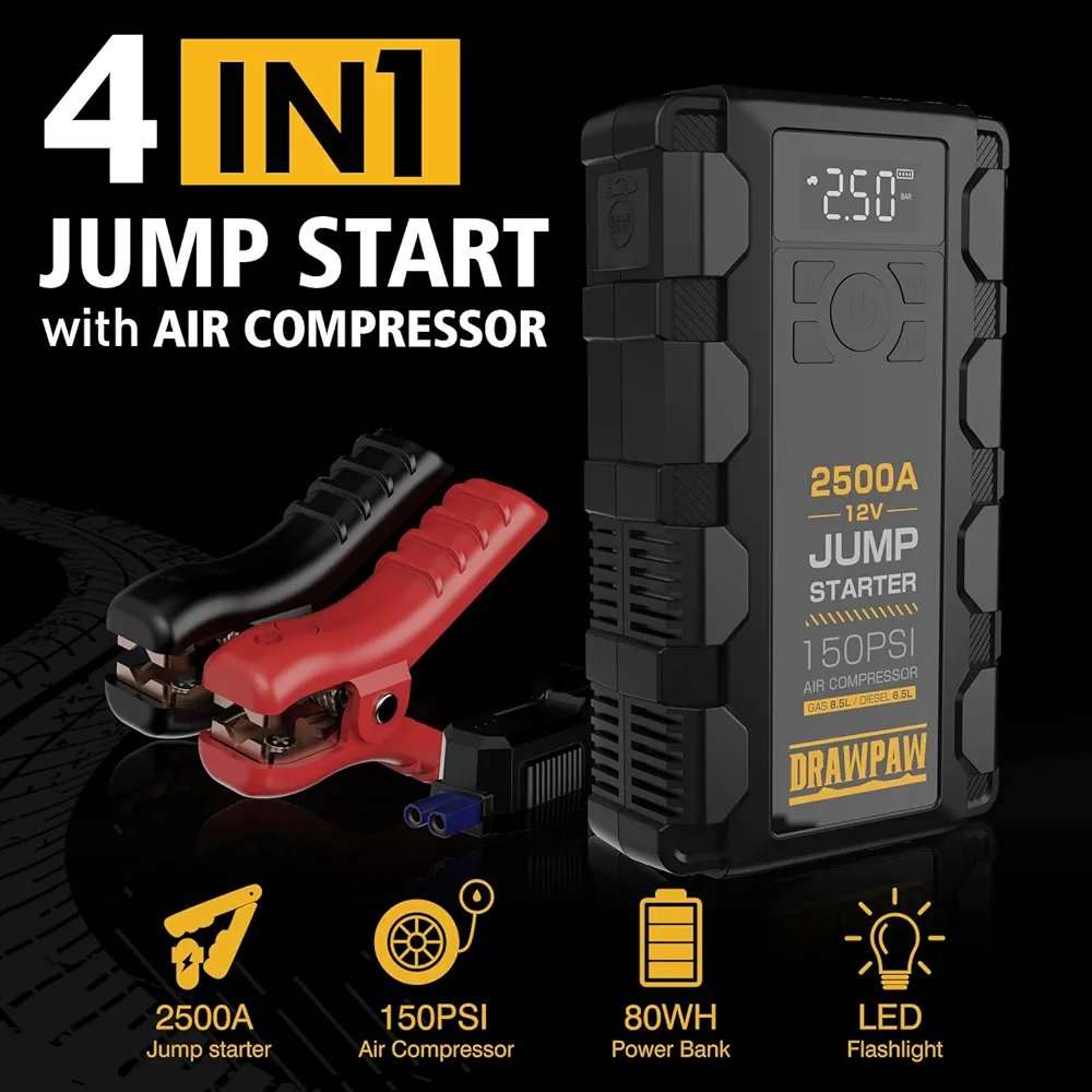 Jump Starter with Air Compressor - 2500A Car Battery Booster Pack - 150PSI Digital Tire Inflator,...