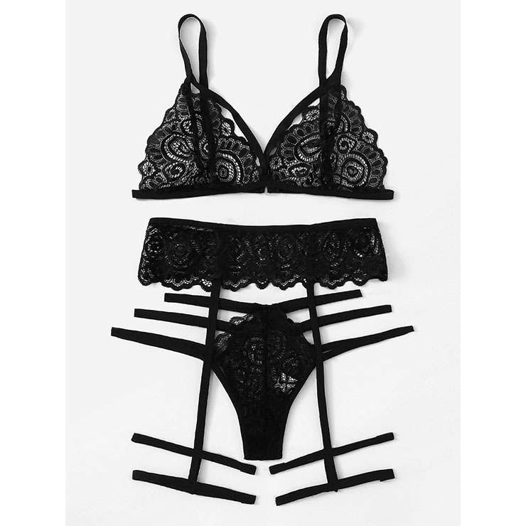 Sexy See-through Lace Spaghetti Straps Bralette and Thong Strappy Lingerie with Garters N21992