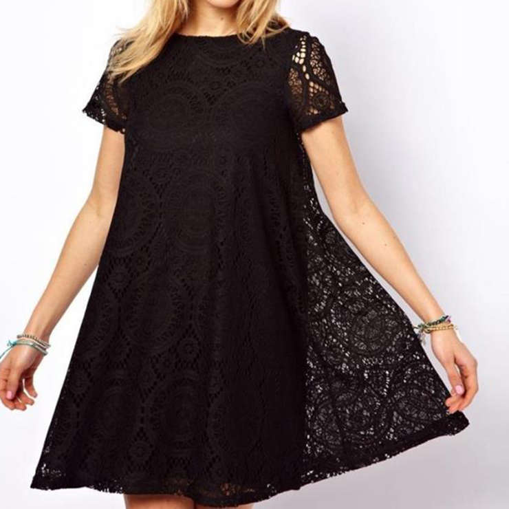 Black Round Neck Short Sleeve Lace Dress