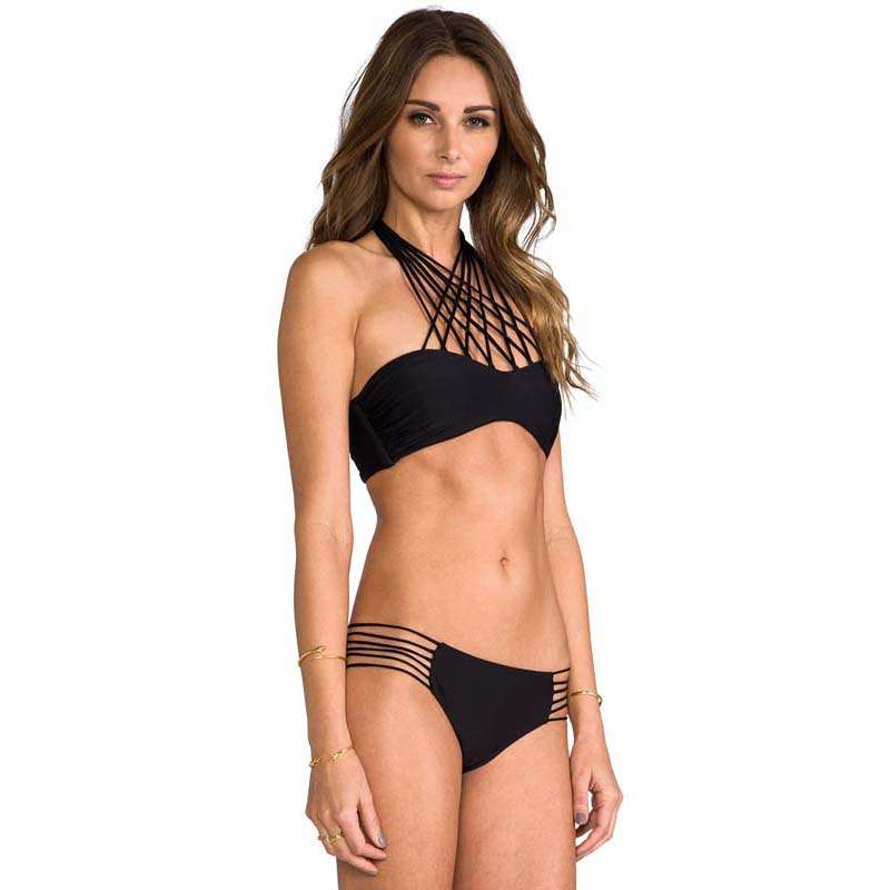 Black Multi Line Tied Neck Bikini Swimsuit