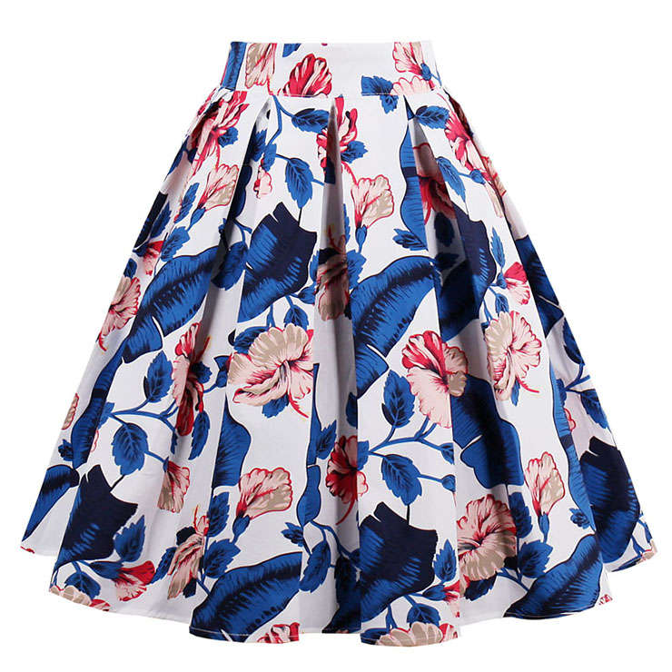 Vintage Floral Print Striped High Waisted Flared Pleated Skirt