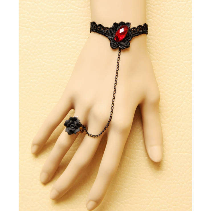 Fashion Black Gothic Rose Lace Wristband Ruby Bracelet Metal Ring