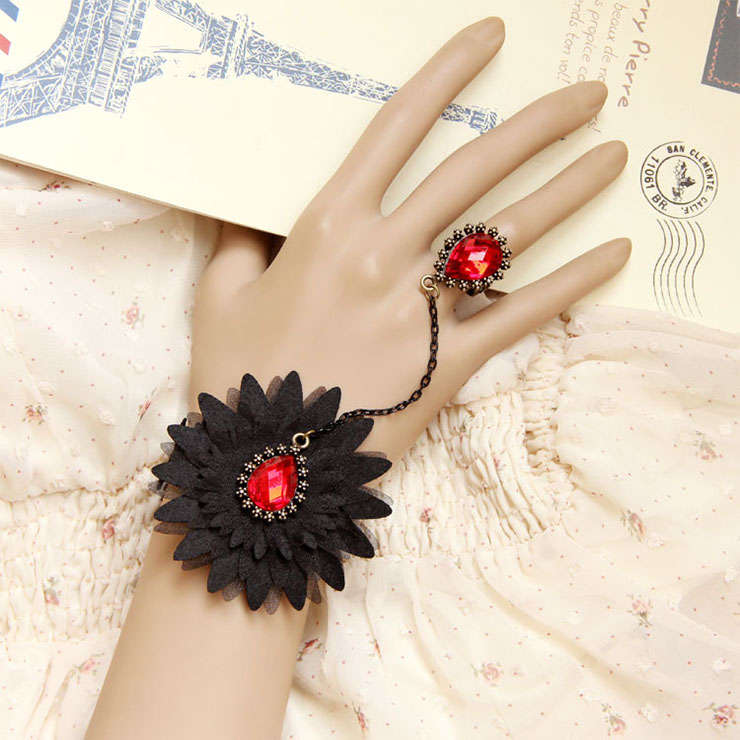 Victorian Gothic Black Lace Wristband Ruby Embellishment Bracelet with Ring