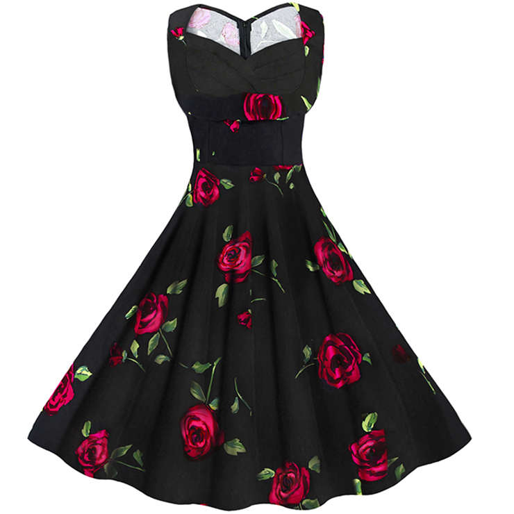 Women's 1950's Vintage Floral Cut Out Sweetheart Neck Casual Party Cocktail Dress