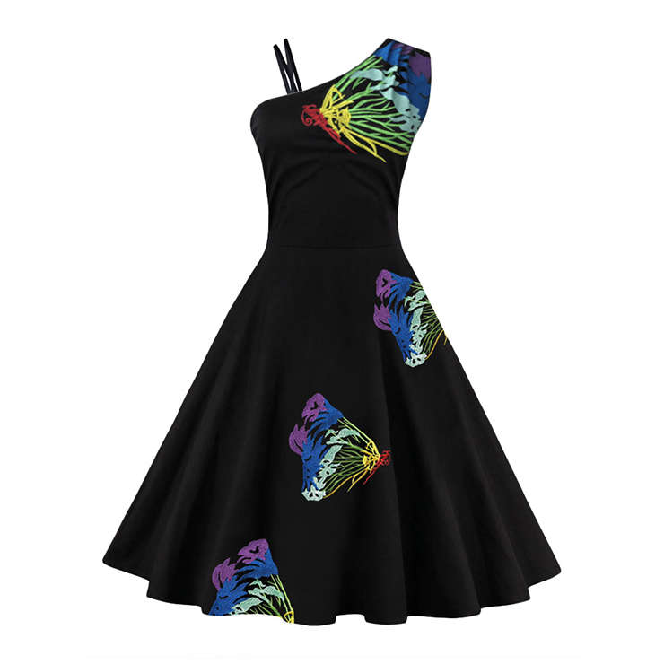 Vintage Retro One Shoulder Embroidery Cocktail Party Flare Dress
