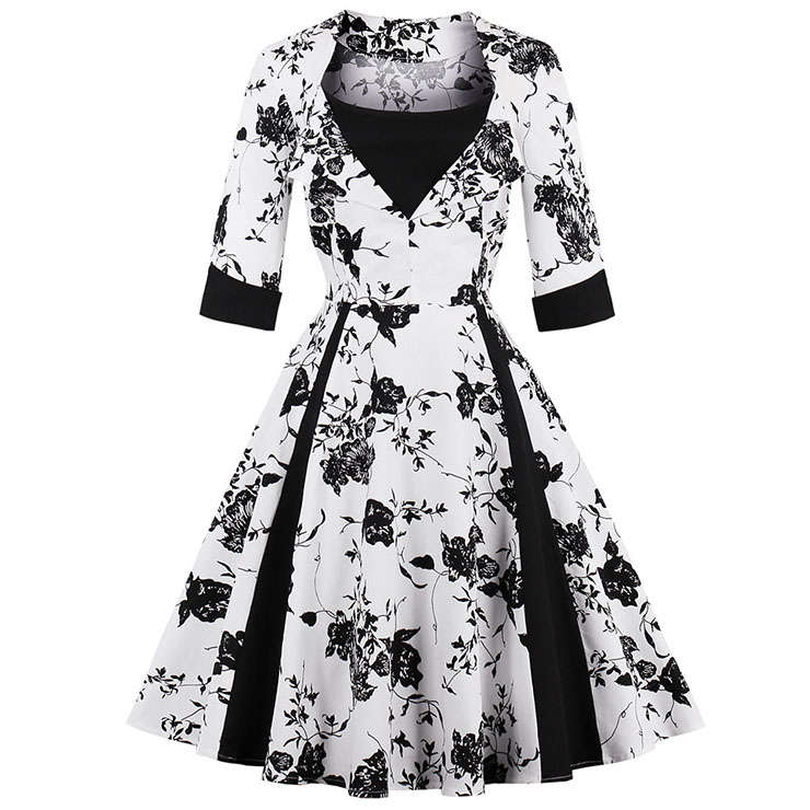 Women's Vintage White 3/4 Sleeves Floral Print Patchwork Swing Cocktail Dress Day Casual Dress N1481