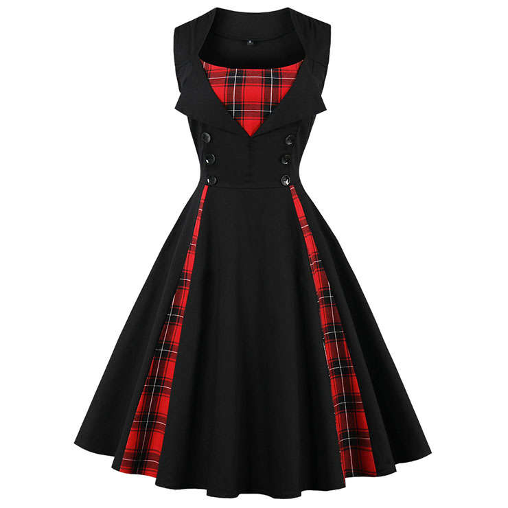 Women's Vintage Tartan Plaid Patchwork Sleeveless Casual Cocktail Dress