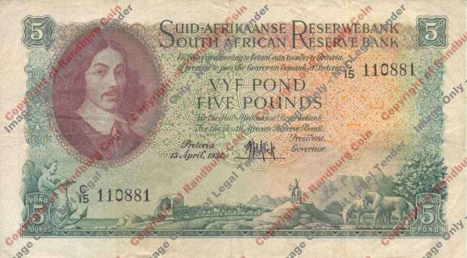 *#* MH DE KOCK - 2nd Issue - 1950-52 Five Pound F - Afr/eng - Edge tear *#*