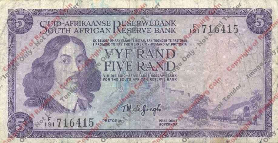 *#* TW de JONGH - 1st Issue - 5 Rand Afr/Eng - F - pin hole and dirty *#*