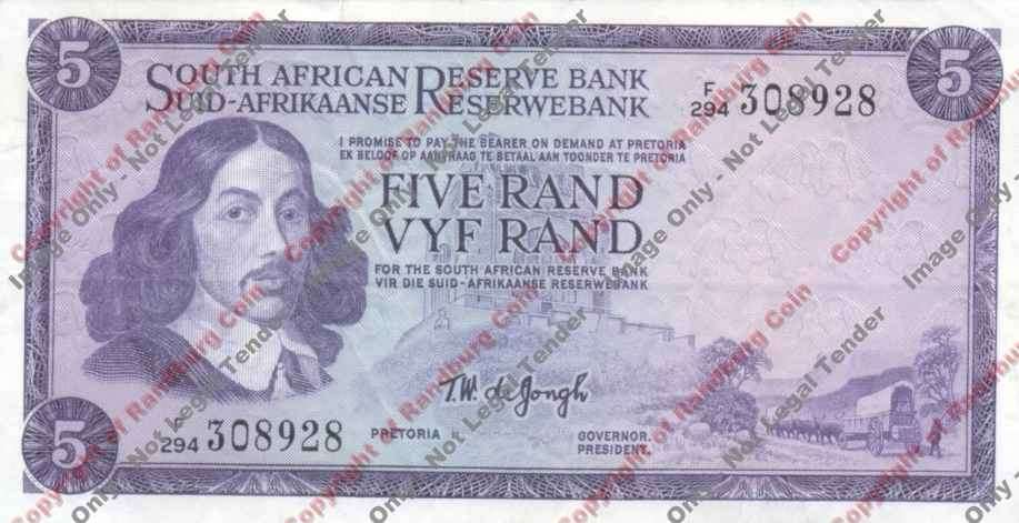 *#* TW de JONGH - 3rd Issue - 5 Rand Eng/Afr - VF *#*