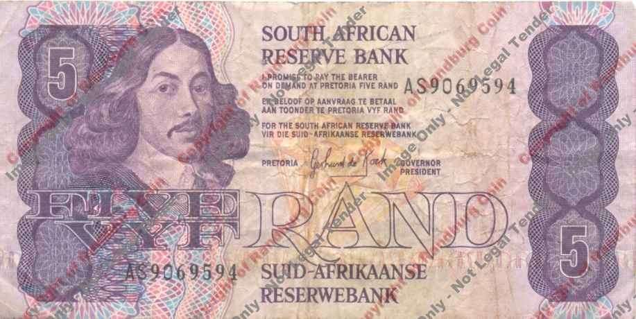*#* GPC De Kock 3rd Issue 89 - Five Rand 1984 Note - F - Dirty and staple hole *#*