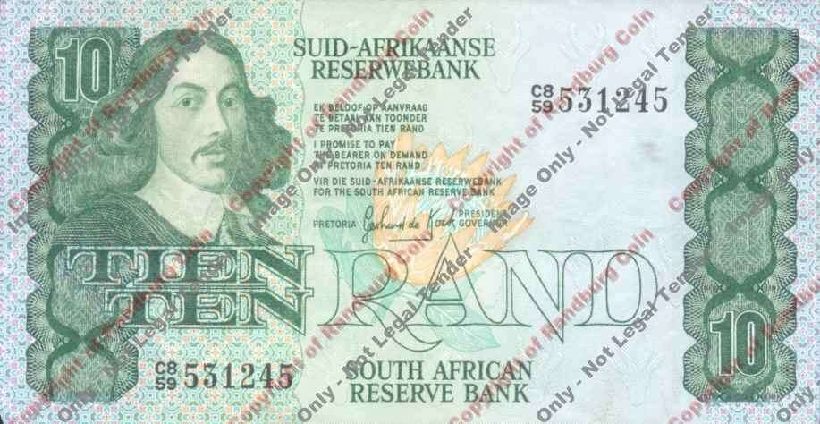 *#* GPC De Kock 3rd Issue - 1984 Ten Rand Note EF - Mark below top serial number *#*