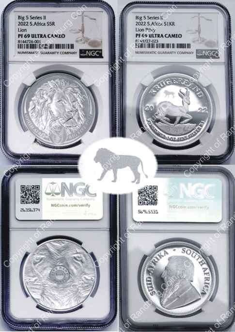 2022 Silver 1oz Krugerrand Lion Privy Mark and 1oz Lion R5 Coin Big Five Series 2 Combo Set PF69