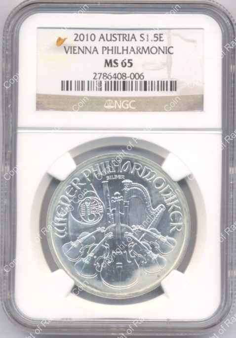*#* Austria 2010 Silver 1oz 1.5 Euro Bullion - Wiener Philharmoniker Orchestra NGC MS65 *#*