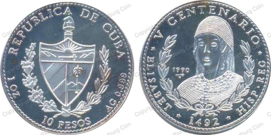 *#* Cuba 1990 Proof Silver 10 Pesos - Americas Discovery - Queen Isabella *#*