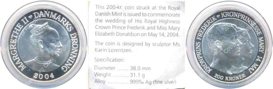 *#* Denmark 2004 Pure Silver (1oz) 200 Kroner - Marriage of the Crown Prince *#*
