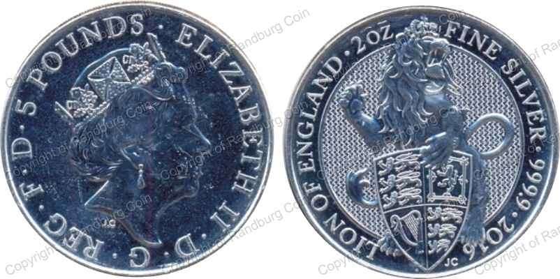 *#* Great Britain 2016 Pure Silver 5 Pounds 2oz - Queen's Beast - Lion of England *#*
