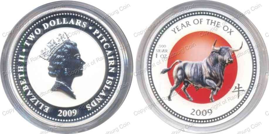 *#* Pitcairn Islands 2009 Proof-like Silver 2 Dollars - Year of the Ox -C olour #*