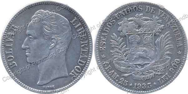 *#* Venezuela 1935 Silver 5 Bolivares - 24.9 grams of .900 Silver *#*