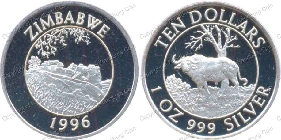 *#* Zimbabwe 1996 Proof Silver Ten Dollars - Cape Buffalo - coin ONLY *#*