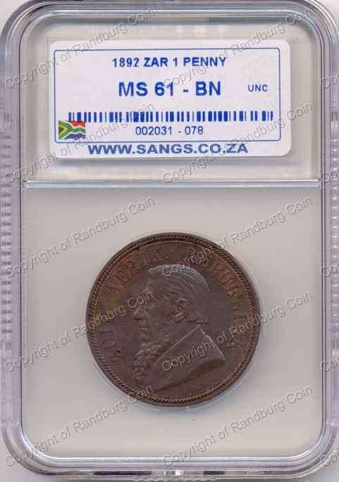 *#* 1892 SANGS SLABBED PENNY MS 61 BN   *#*