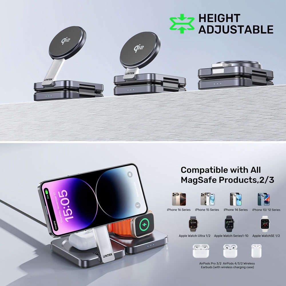 UNITEK P1300A 3-IN-1 QI2 FOLDABLE WIRELESS CHARGING STATION