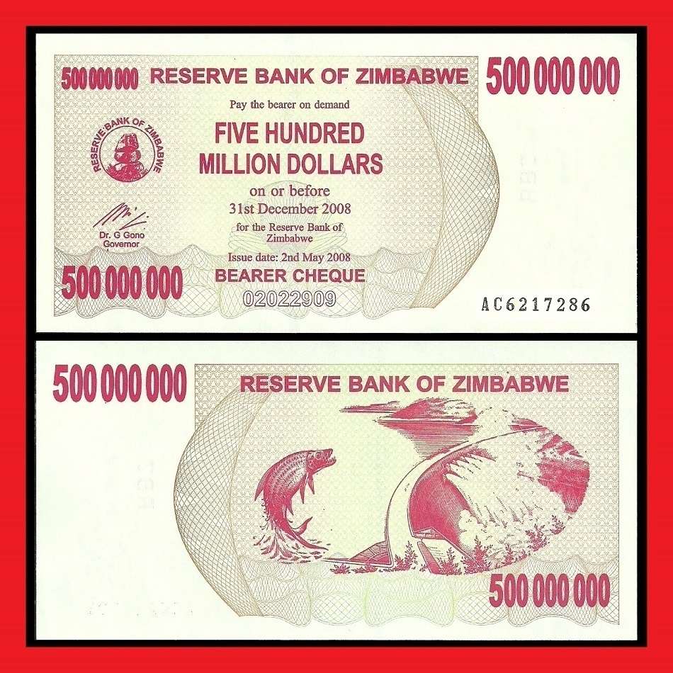 ZIMBABWE UNCIRCULATED 500 MILLION DOLLAR BEARER CHEQUE AC6217286