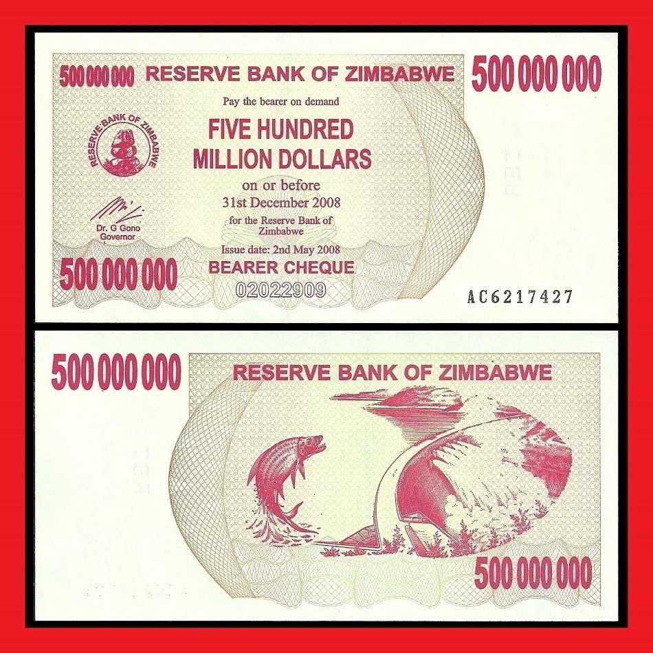 ZIMBABWE UNCIRCULATED 500 MILLION DOLLAR BEARER CHEQUE AC6217427