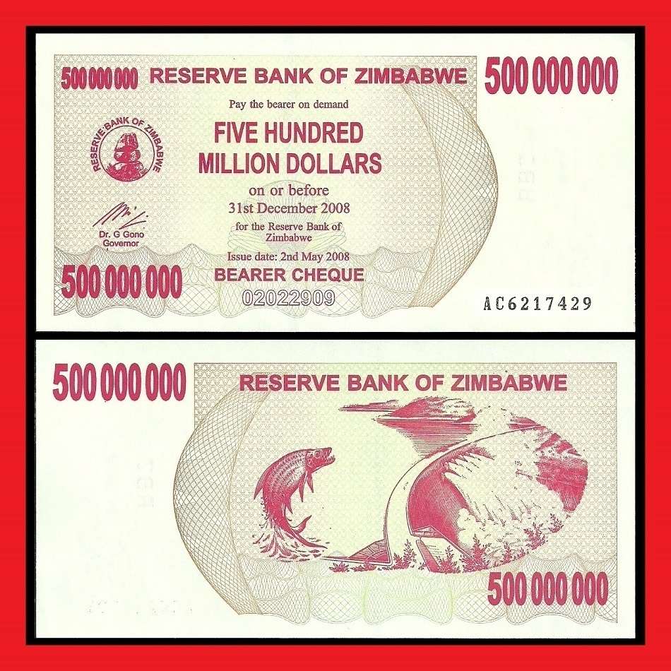 ZIMBABWE UNCIRCULATED 500 MILLION DOLLAR BEARER CHEQUE AC6217429
