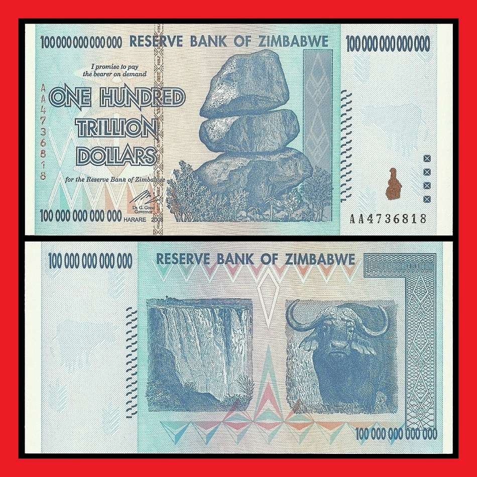 ZIMBABWE 100 Trillion Dollar Banknote AA Series Single Note