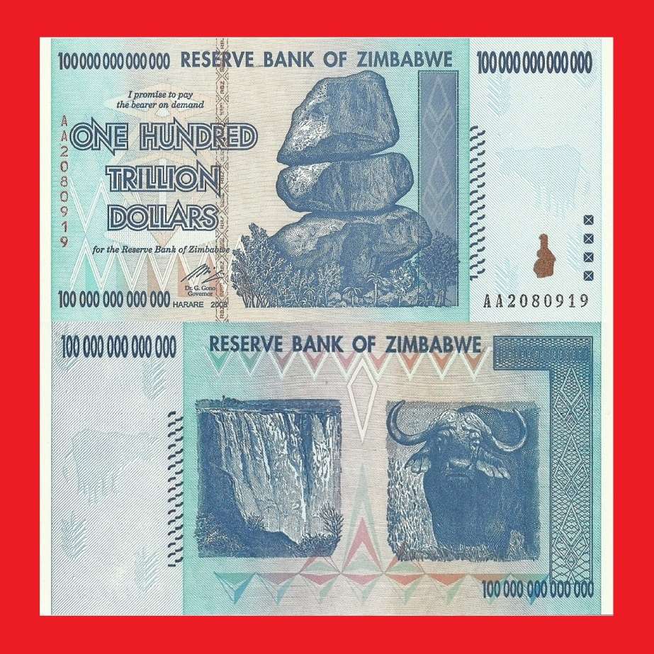 ZIMBABWE 100 Trillion Dollar Banknote AA Series Uncirculated Single Note