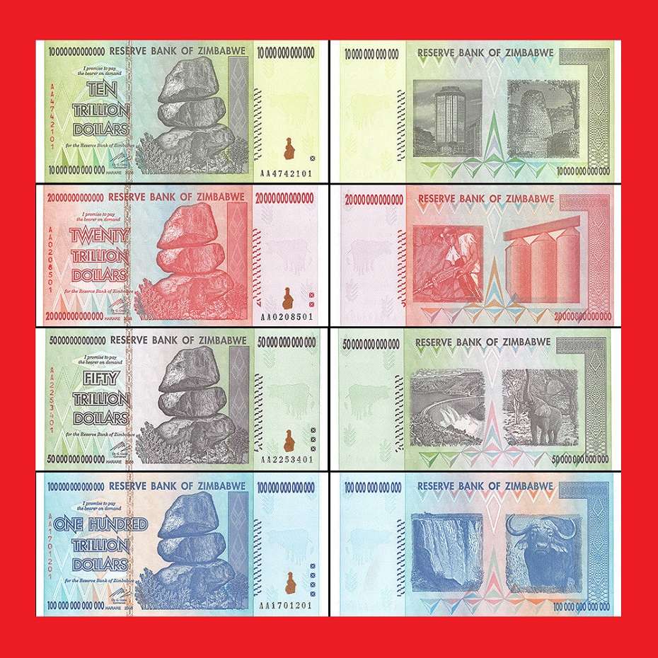 ZIMBABWE UNC SET OF 4 NOTES 10/20/50/100 TRILLION DOLLARS