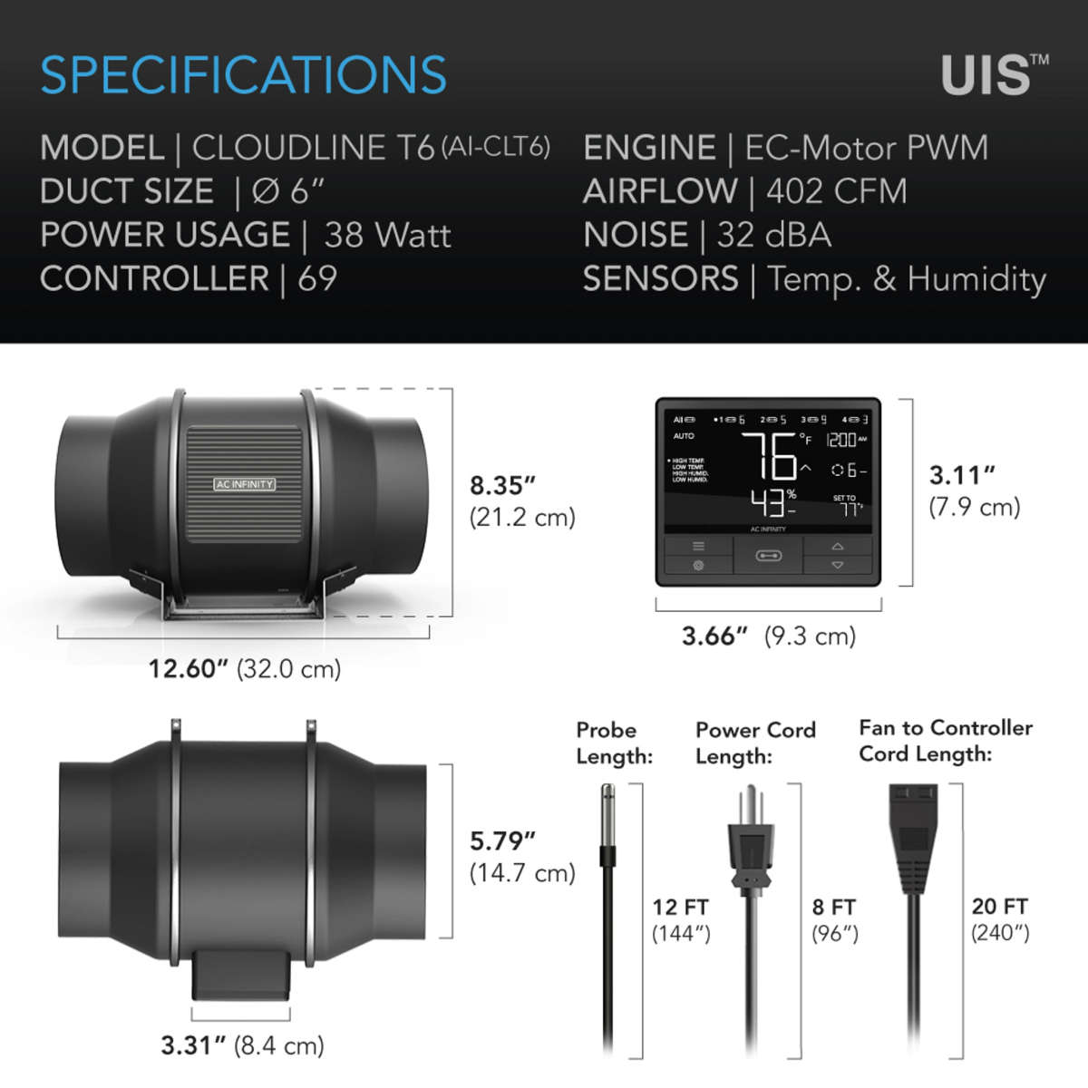 AC INFINITY CLOUDLINE T6, WITH  CONTROLLER 69 PRO TEMPERATURE AND HUMIDITY CONTROLLER, 6-INCH