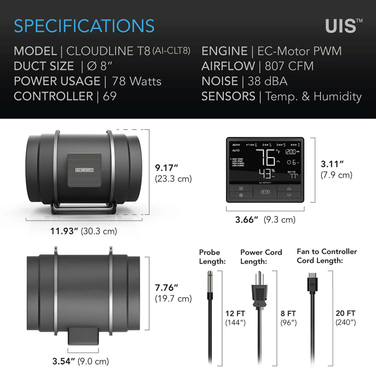 AC INFINITY CLOUDLINE T8, WITH CONTROLLER 69 PRO TEMPERATURE AND HUMIDITY CONTROLLER, 8-INCH